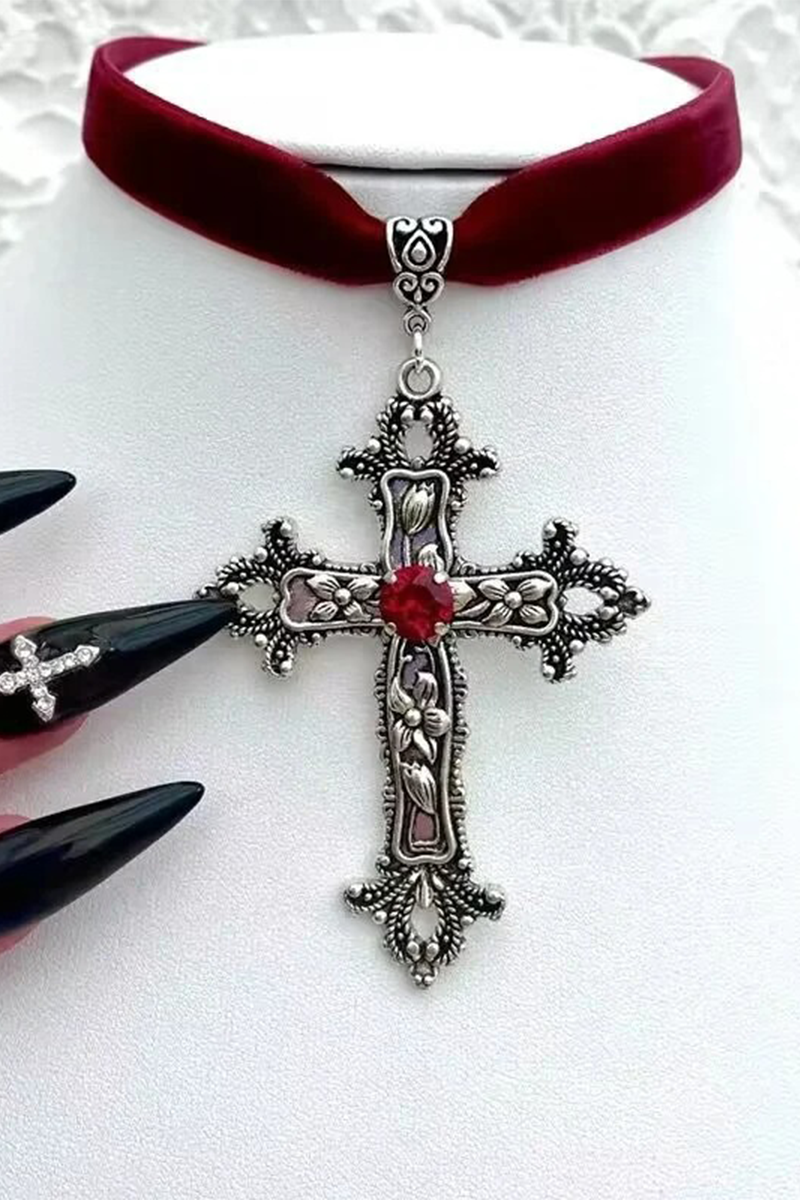 Kırmızı Gothic Cross Vintage Kadife Tasma