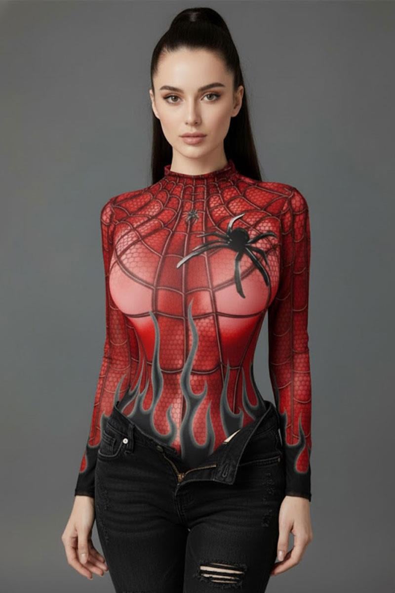 Kırrmızı Spider Flame Baskılı Cosplay Uzun Kollu Çıtçıtlı Body