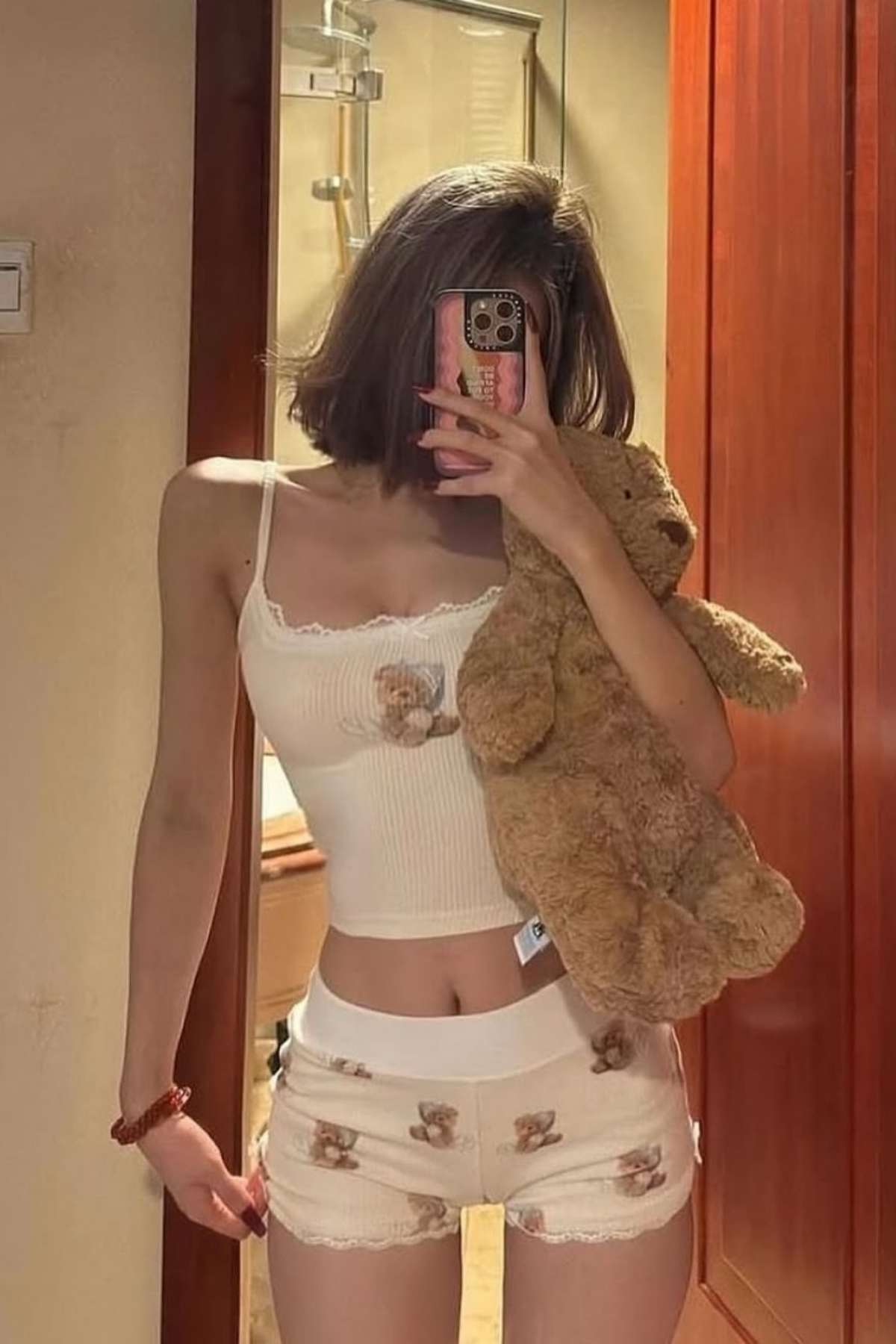 Krem Dantel Yaka Bear Pijama Takımı