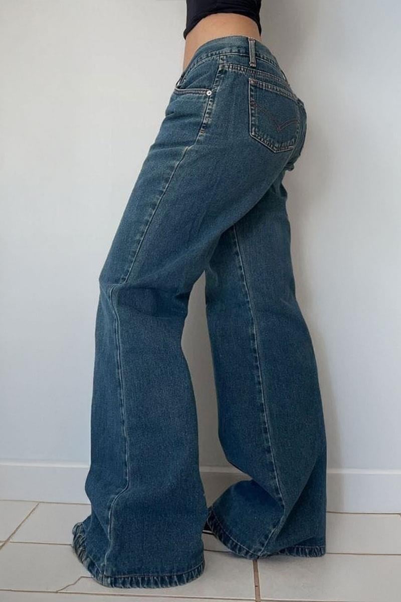 Lacivert Low Rise V Kesim Mavi İspanyol Paça Pantolon