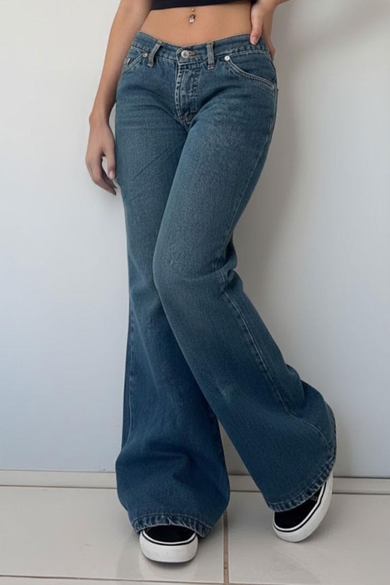 Lacivert Low Rise V Kesim Mavi İspanyol Paça Pantolon