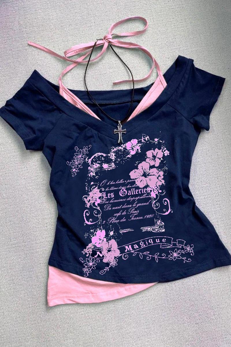 Lacivert-Pembe Double Nuit Magique Madonna Yaka Ek Askılı Kısa Kollu Full Body Crop