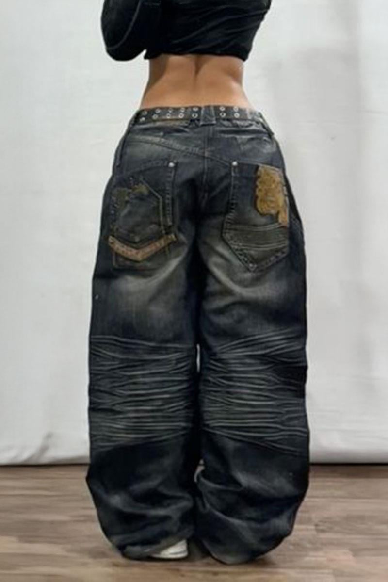 Lacivert Vintage Eskitme Baskılı Streetwear Unisex Baggy Pantolon