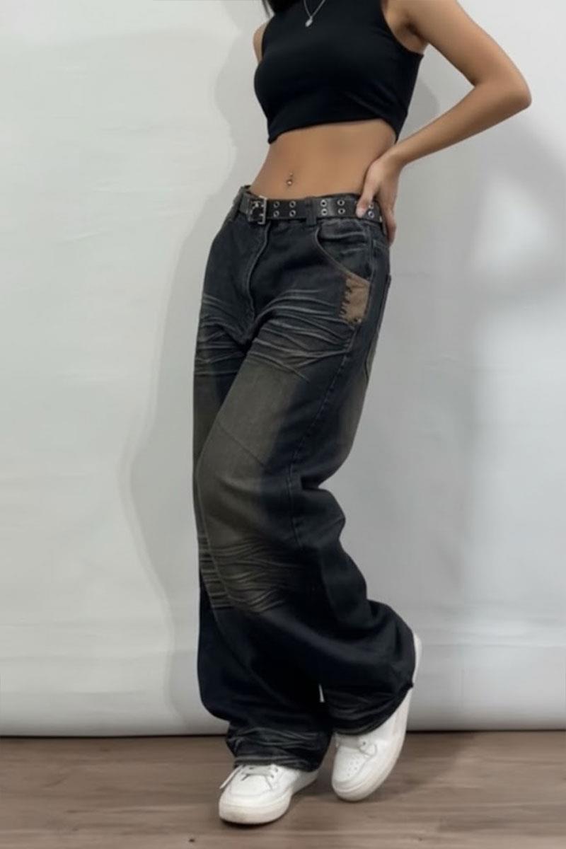 Lacivert Vintage Eskitme Baskılı Streetwear Unisex Baggy Pantolon