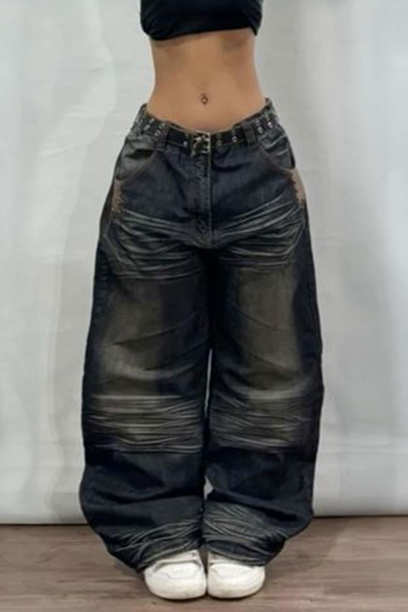 Lacivert Vintage Eskitme Baskılı Streetwear Unisex Baggy Pantolon