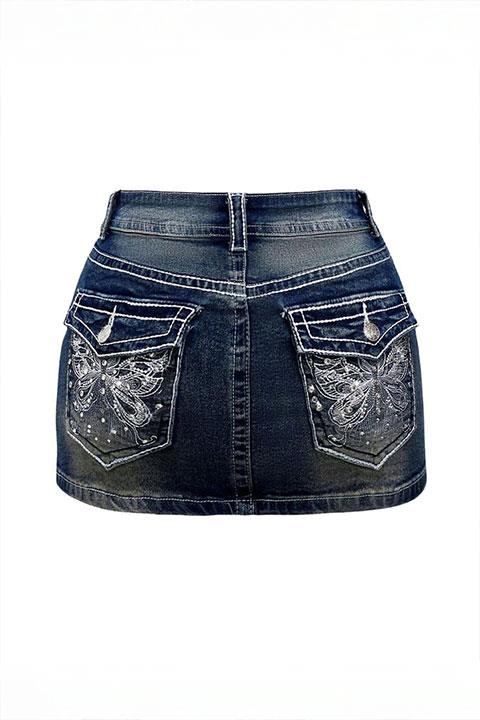 Mavi Butterfy İşlemeli Y2K Kot Etek