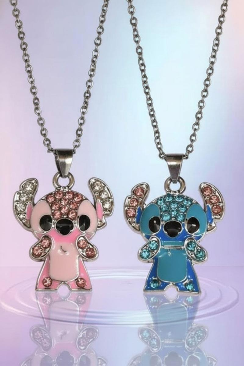 Mavi Pembe Kristal Taş Detaylı Lilo & Stitch Couple Kolye