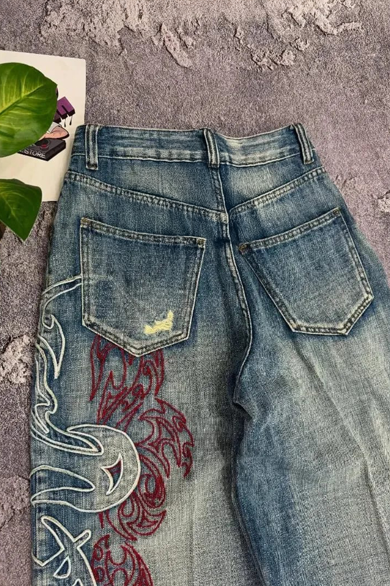 Mavi Taşlamalı Vintage Tribal Baskılı Grunge Baggy Unisex Pantolon