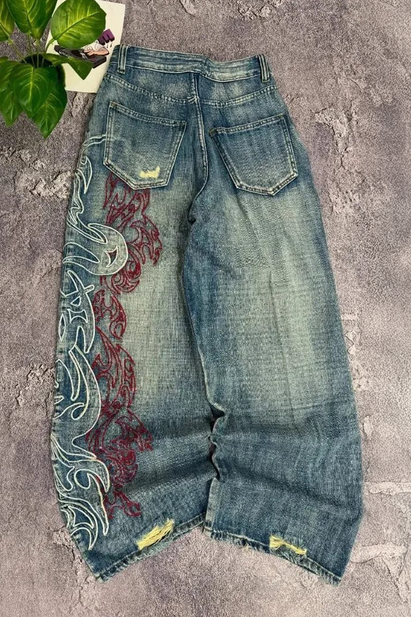 Mavi Taşlamalı Vintage Tribal Baskılı Grunge Baggy Unisex Pantolon