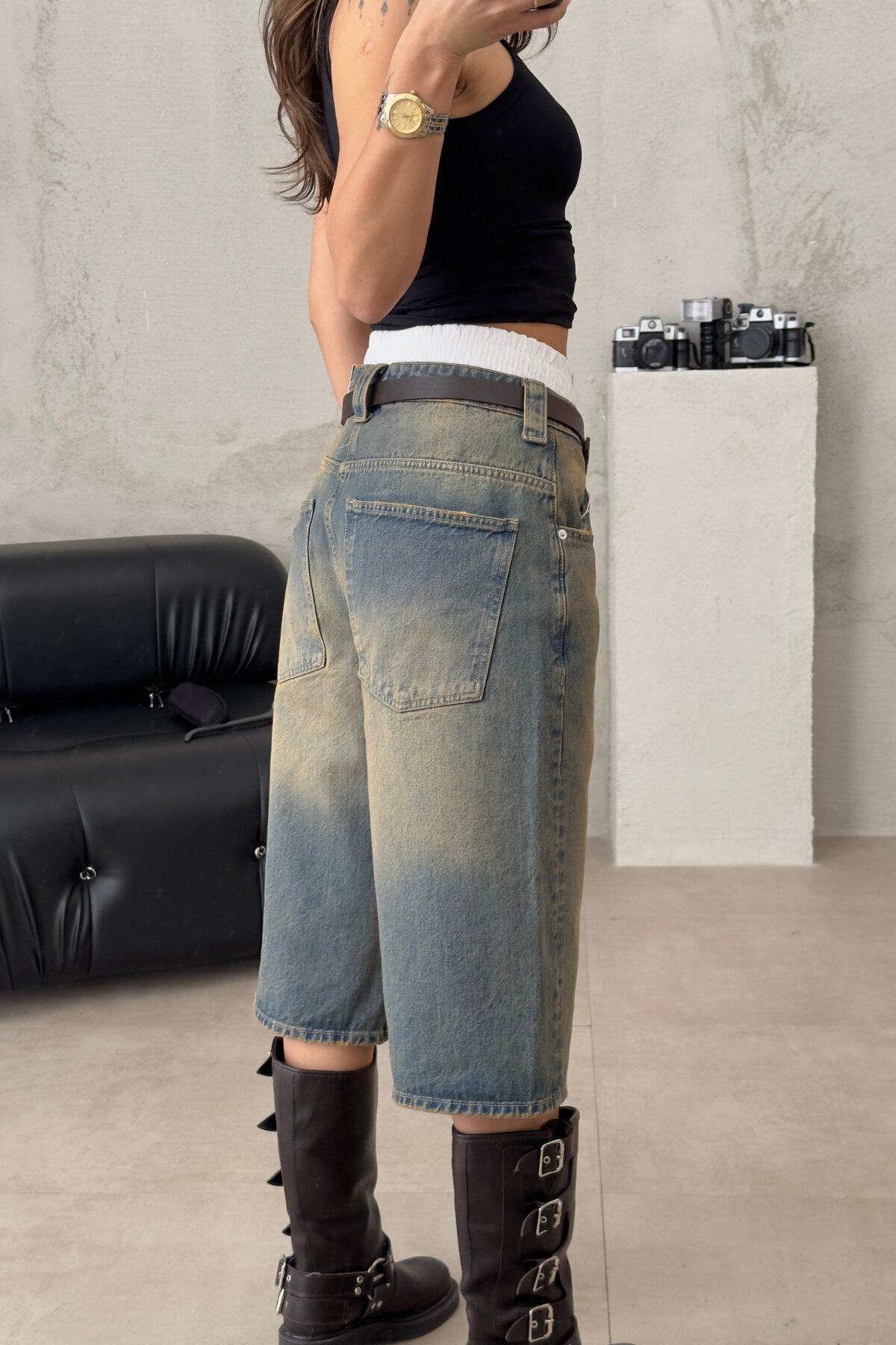 Mavi Vintage Kahverengi Taşlanmış Yıkamalı Retro Kısa Paçalı Kot Şortolon