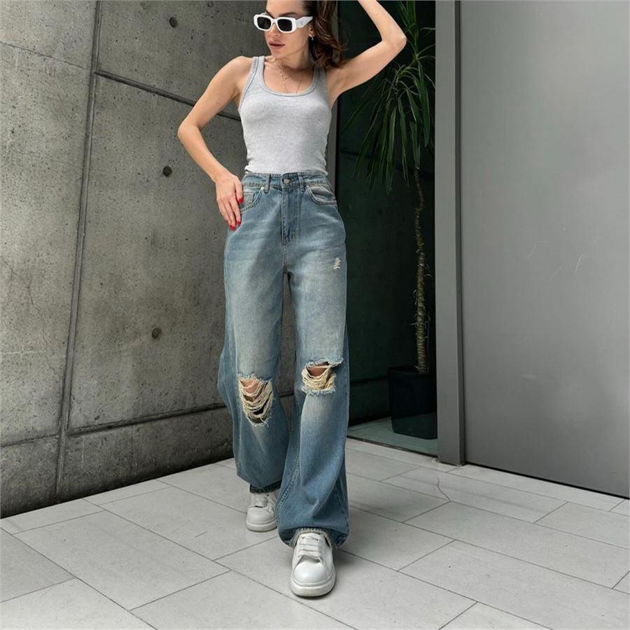 Mavi Vintage Yırtık Detay Bol Paça Kot Pantolon