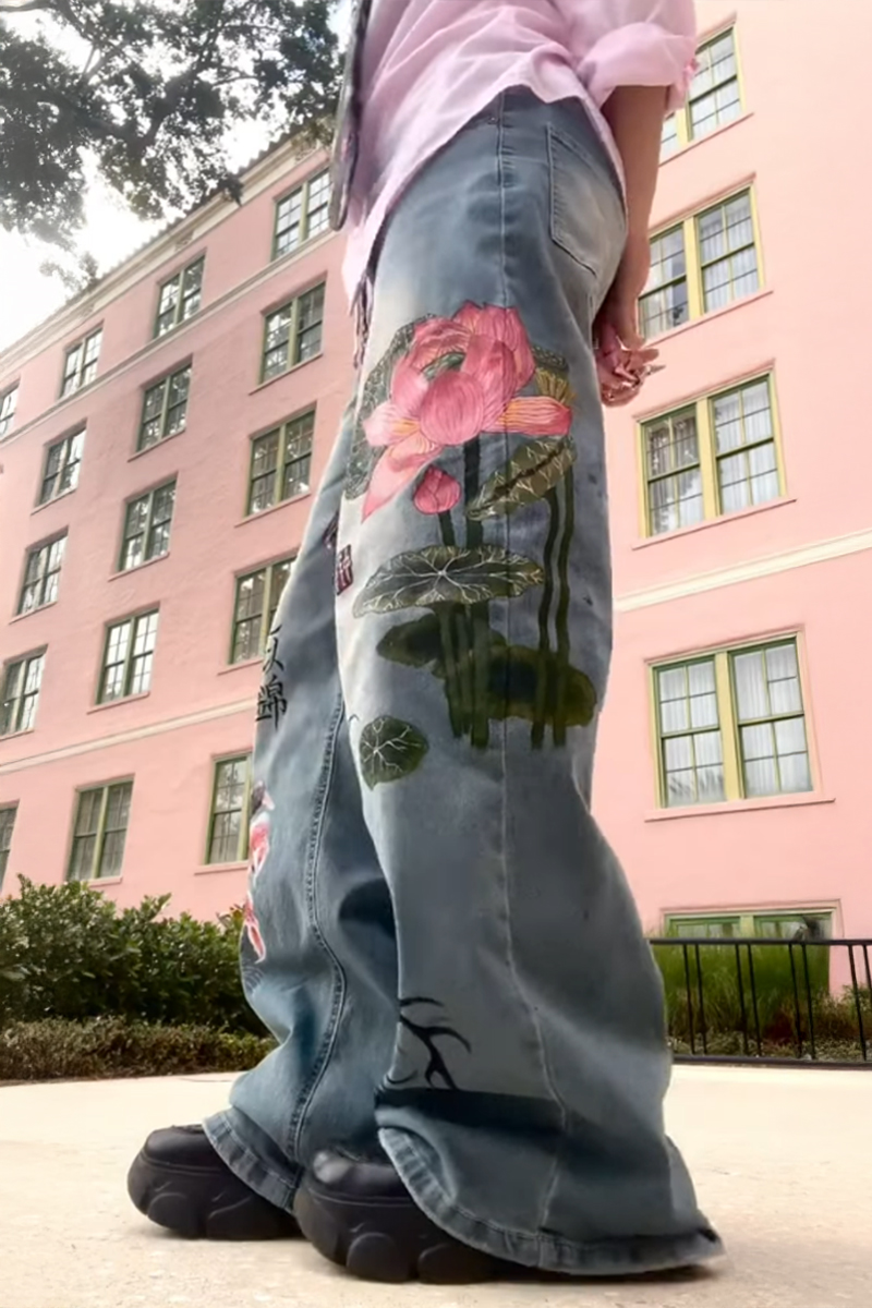 Mavi Yıkama Kanji ve Lotus Baskılı Grunge Y2K Unisex Baggy Pantolon