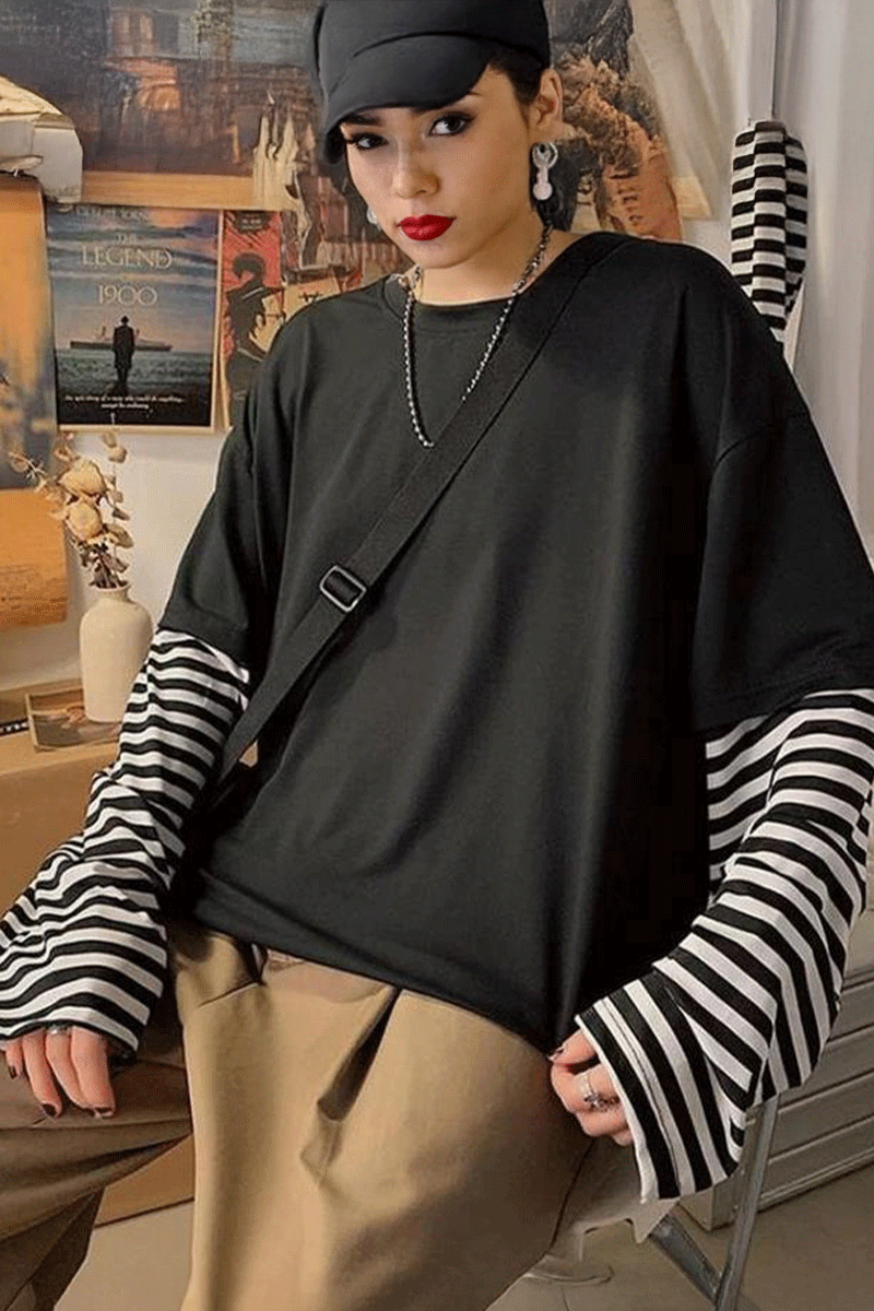 Oversize Düz Siyah Çizgili Uzun Kollu T-Shirt