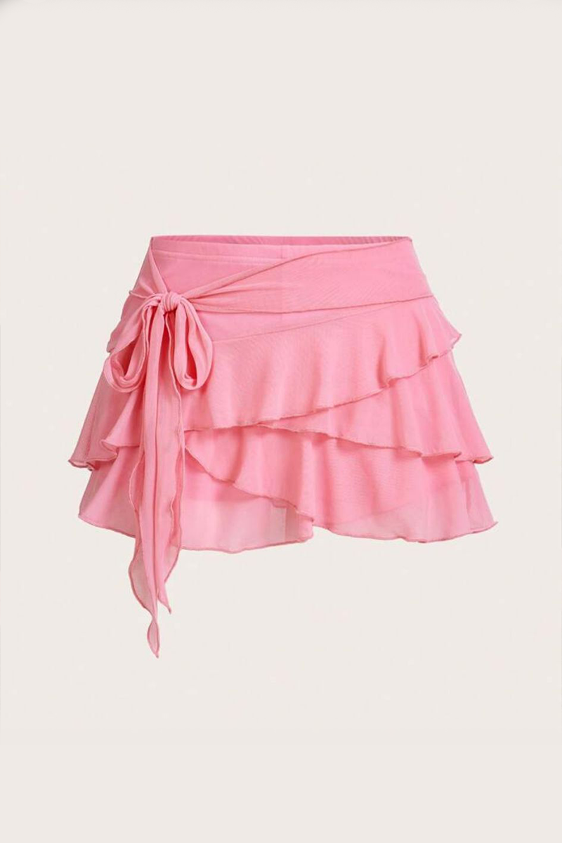 Pembe Bohem Katlı Fiyonklu Y2K Mini Etek