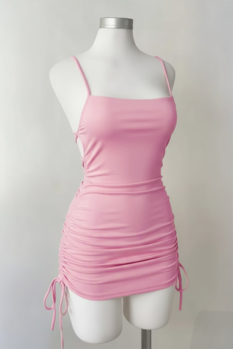 Pembe Büzgülü Sırt İpli & Dekolteli Askılı Gotik Y2K Saten Elbise