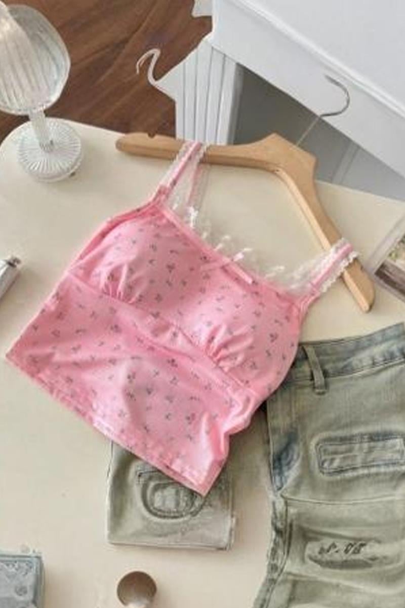 Pembe Çiçek Desenli Gloplu Dantel Detaylı Askılı Crop