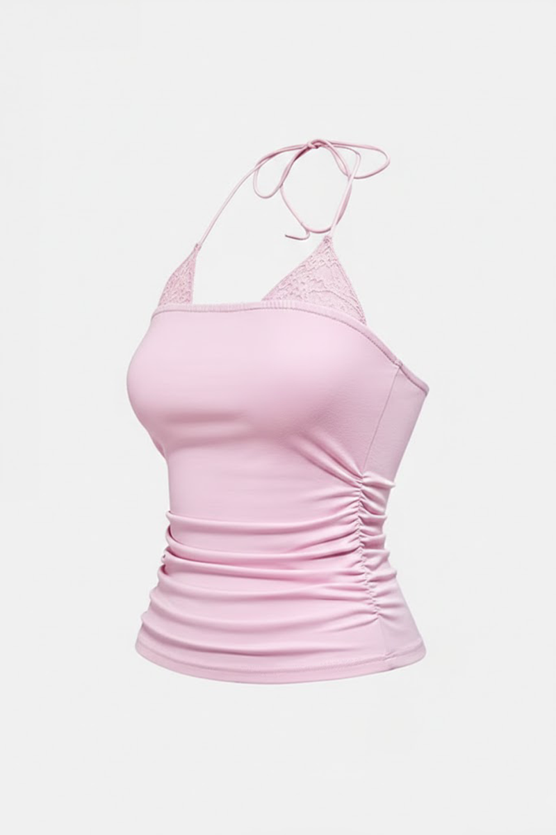 Pembe Dantel Ekli Bağlamalı Y2K Askılı Crop