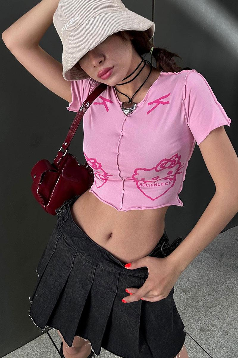 Pembe Hello Kitty - Ruchinleck Grunge Y2K Kısa Kollu Crop 