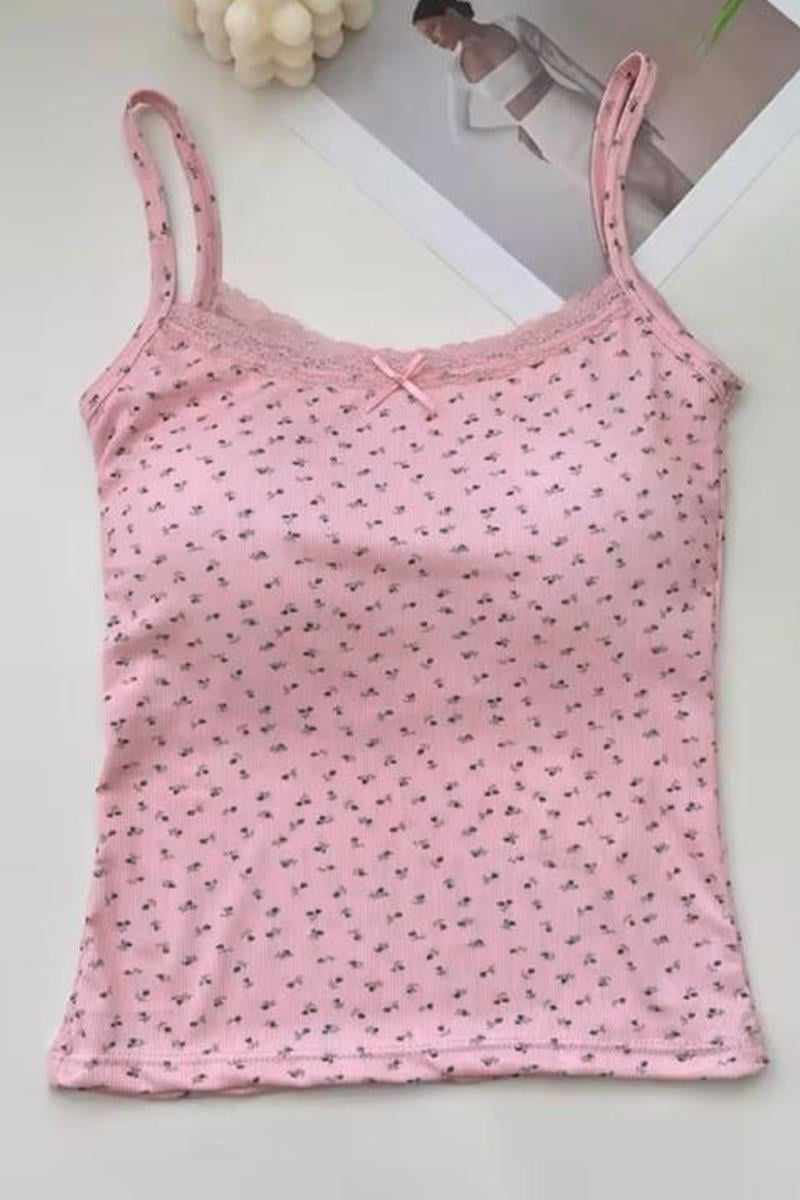 Pembe Minik Fiyonk Ve Çiçek Desenli Y2K Destekli Askılı Crop