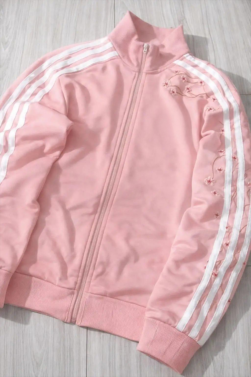 Pembe Üç Şeritli Sakura Ağacı Y2K Unisex Hırka