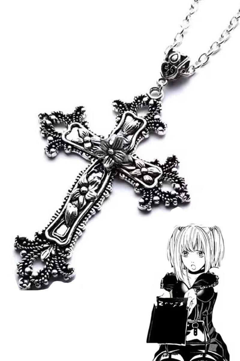 Silver Anime Misa Çiçek Motifli Haç Kolye
