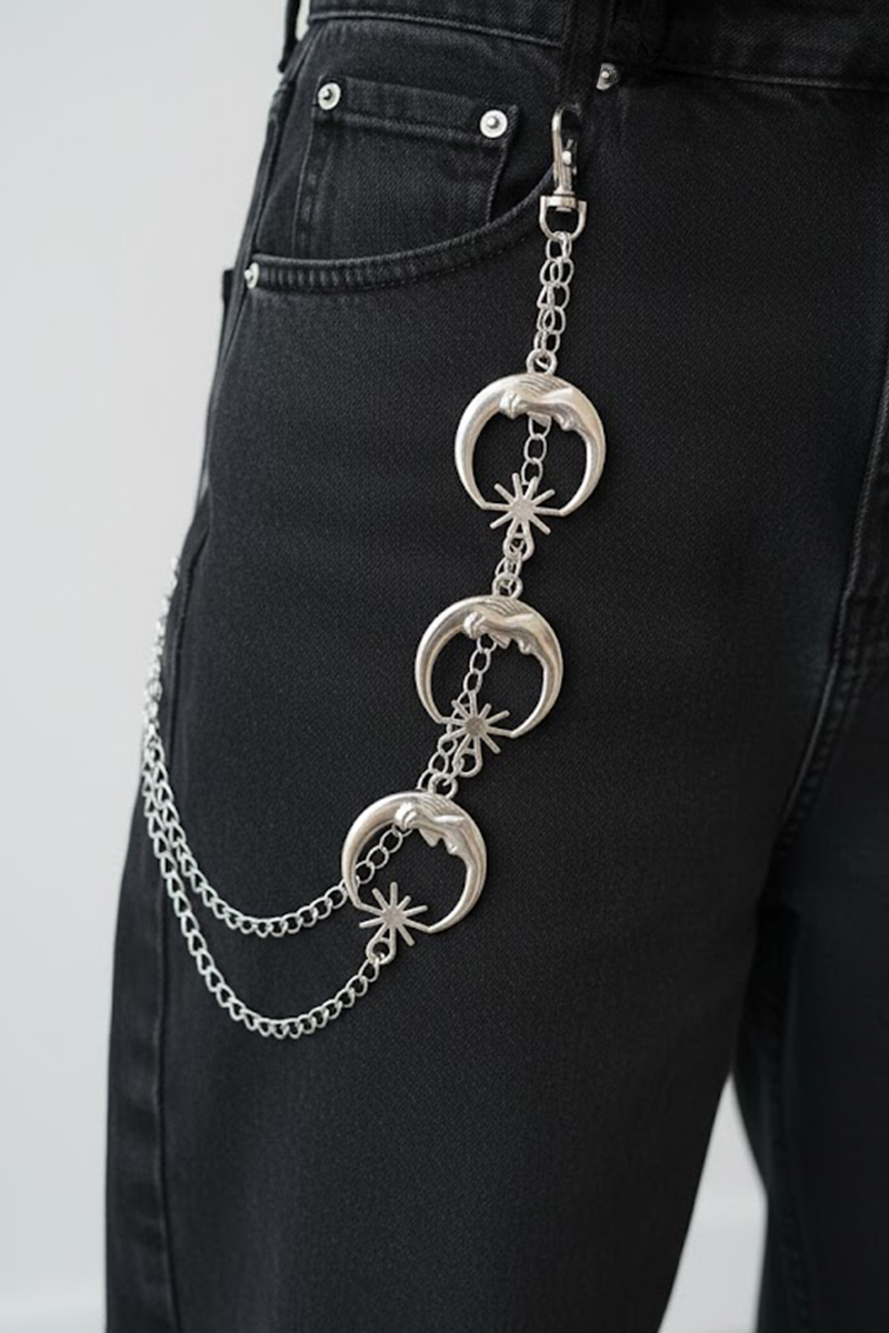 Silver Gotik Ay ve Güneş Detaylı Gotik Pantolon Zinciri