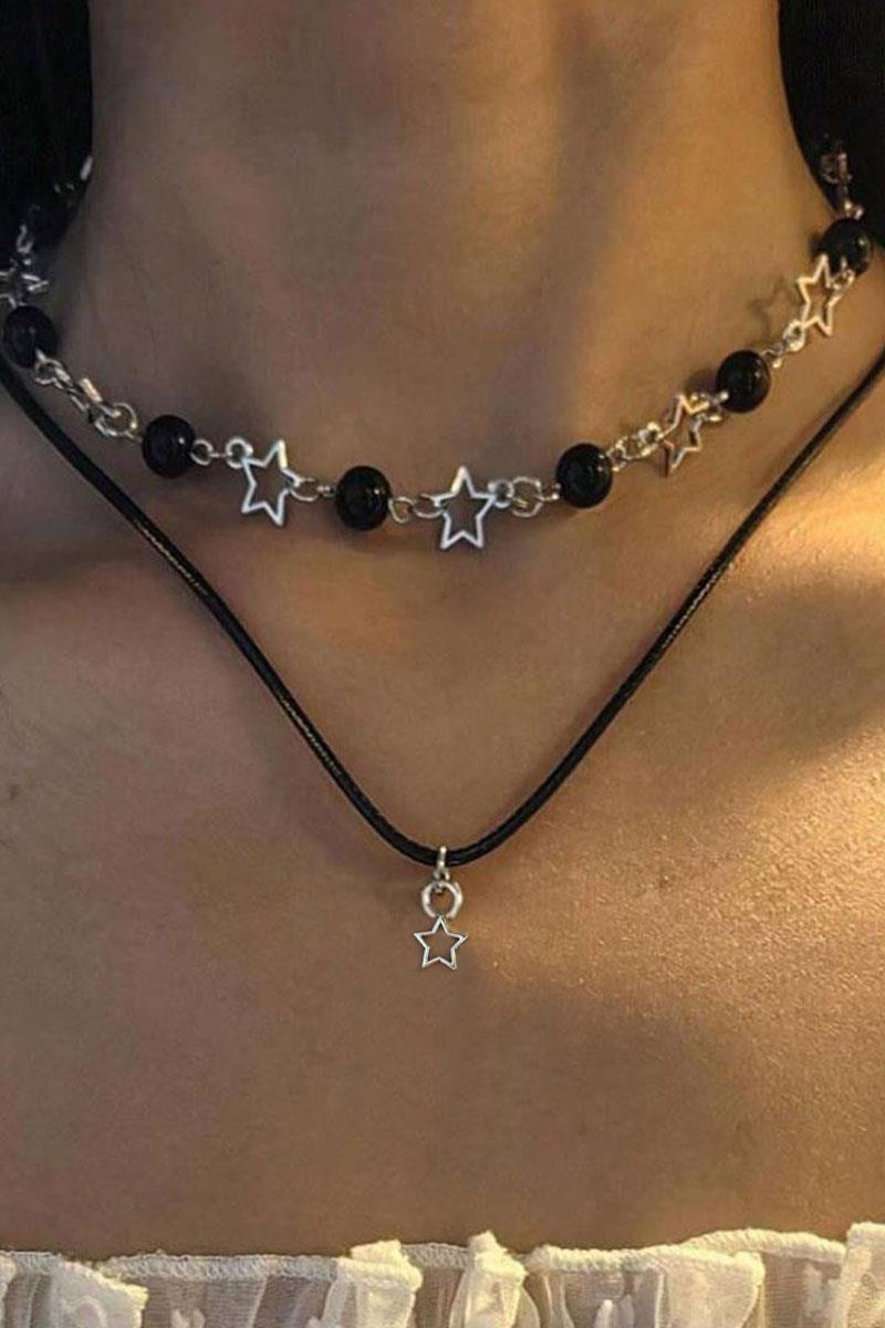 Silver Punk Star and Bead İkili Kolye