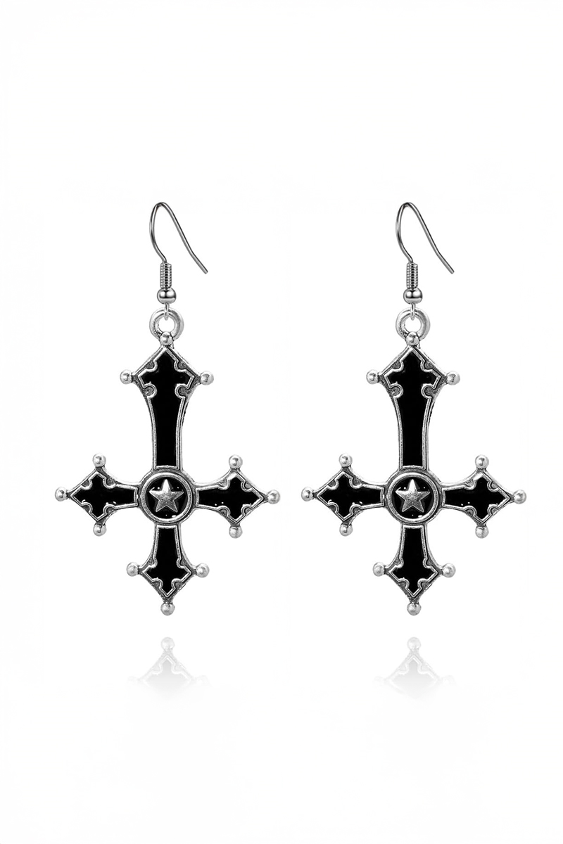 Silver Siyah Ters Cross Gotik Küpe