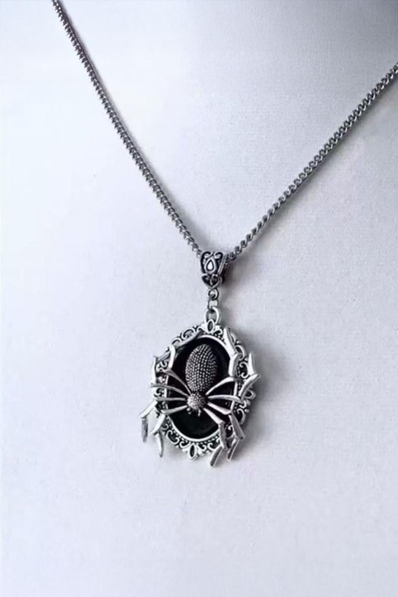 Silver Vintage Spider Gotik Siyah Taşlı Kolye