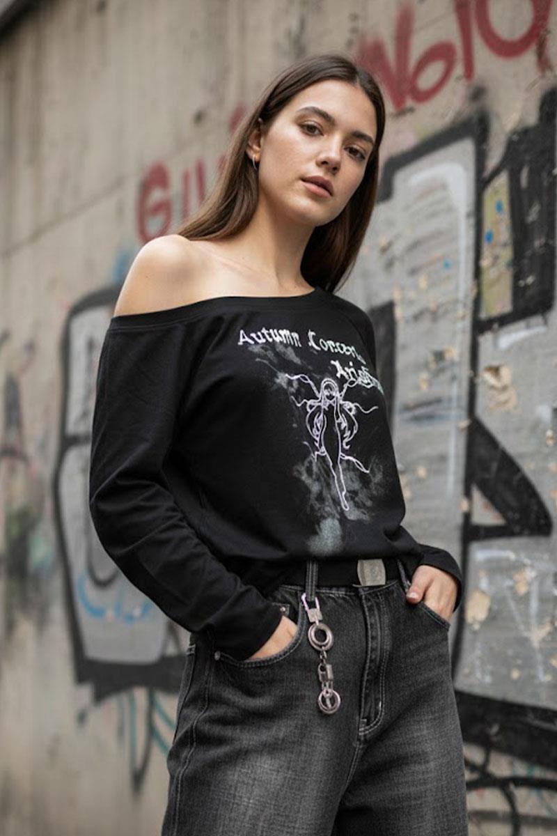 Siyah Autumun Corcerto Salaş Omuz Dekolteli Uzun Kollu Off-Shoulder T-Shirt