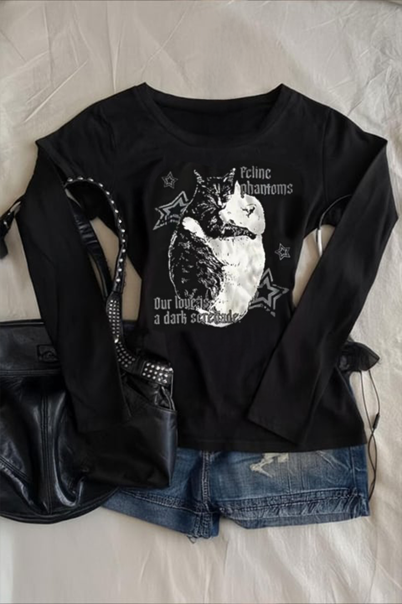 Siyah Balance Cat Our Love Is Gotik Y2K Uzun Kollu Crop