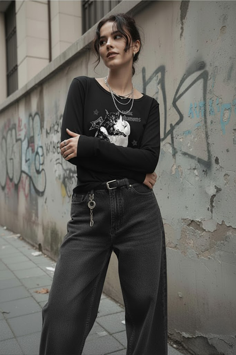 Siyah Balance Cat Our Love Is Gotik Y2K Uzun Kollu Crop