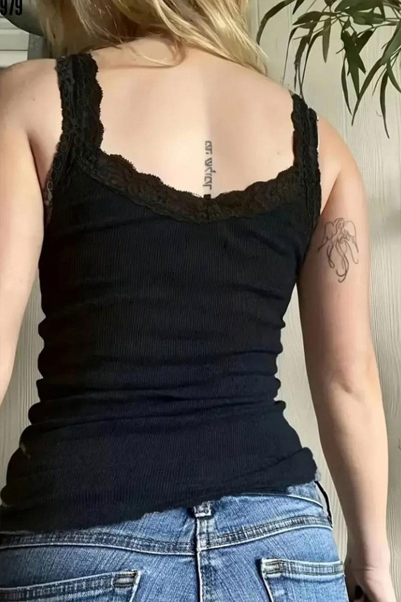 Siyah Basic Dantel Yakalı Y2K Askılı Crop  