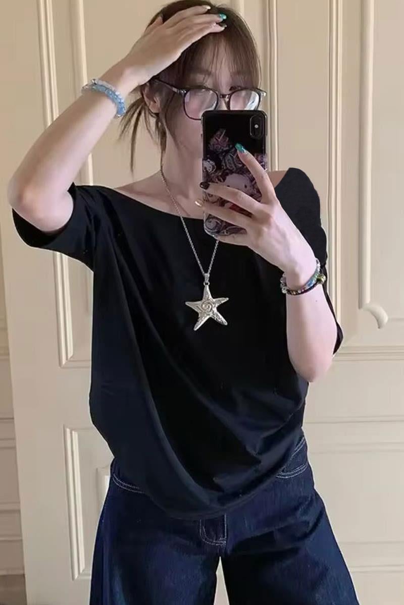 Siyah Basic Düşük Omuz Kısa Kol T-shirt