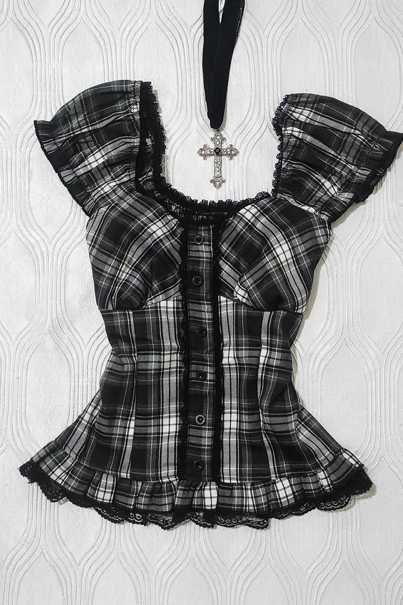 Siyah Beyaz Ekoseli Vintage Dantelli Kare Yaka Y2K Kısa Kollu Crop