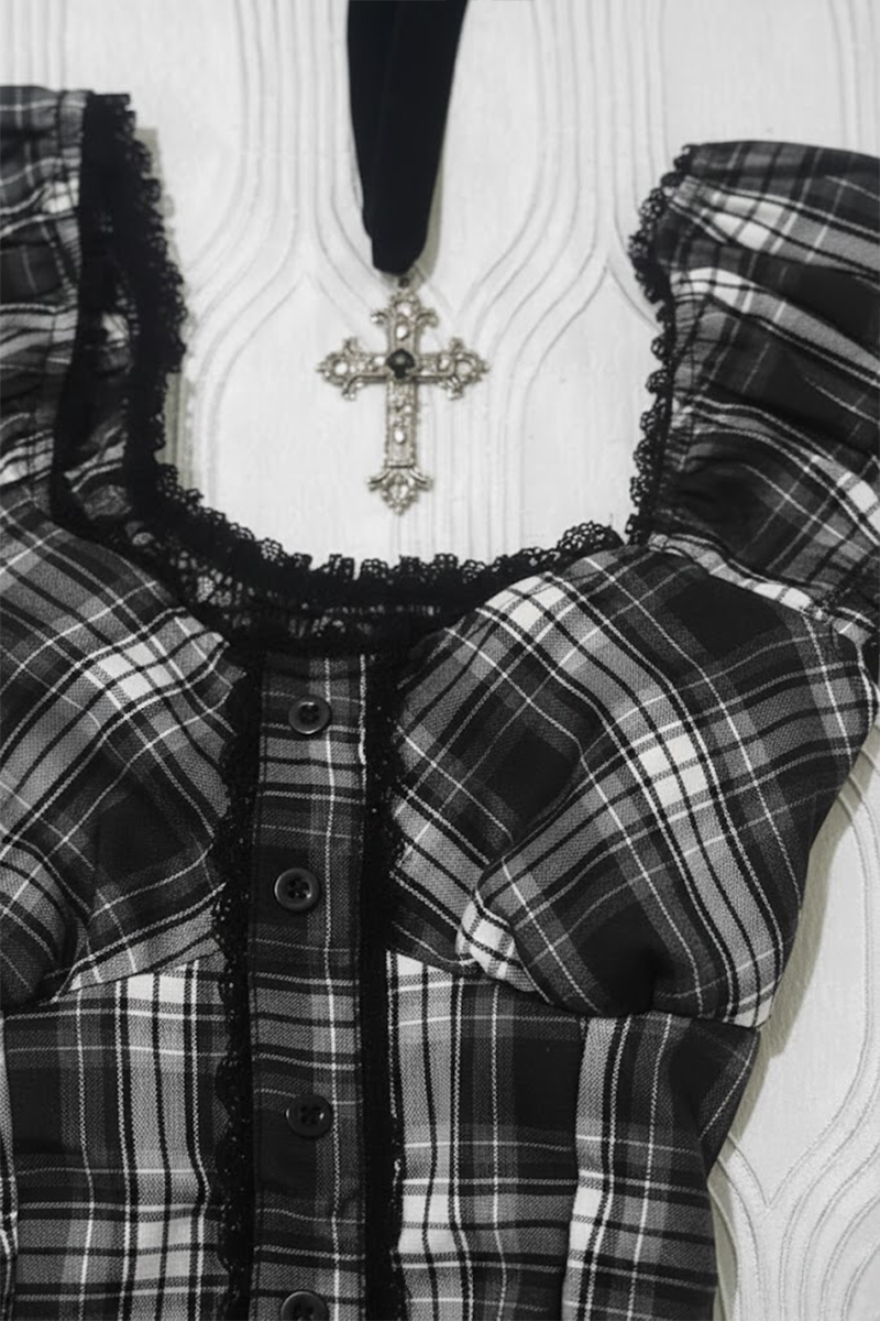 Siyah Beyaz Ekoseli Vintage Dantelli Kare Yaka Y2K Kısa Kollu Crop