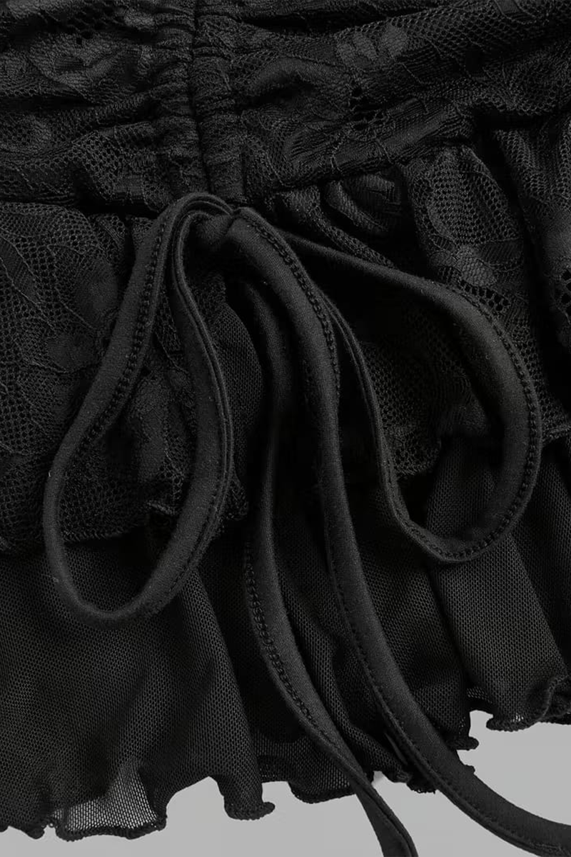 Siyah Büzgülü Dantelli Tül Detaylı  Fiyonklu Şortlu Y2K Etek