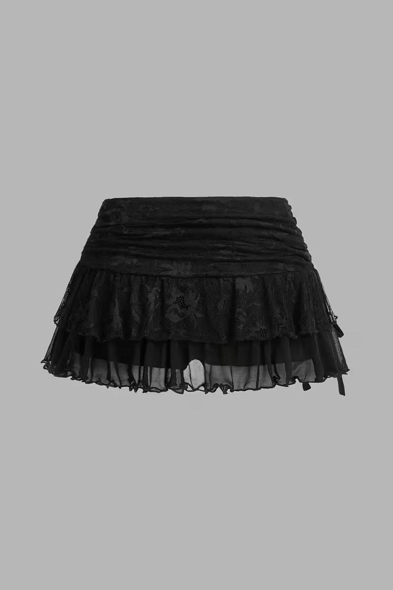 Siyah Büzgülü Dantelli Tül Detaylı  Fiyonklu Şortlu Y2K Etek