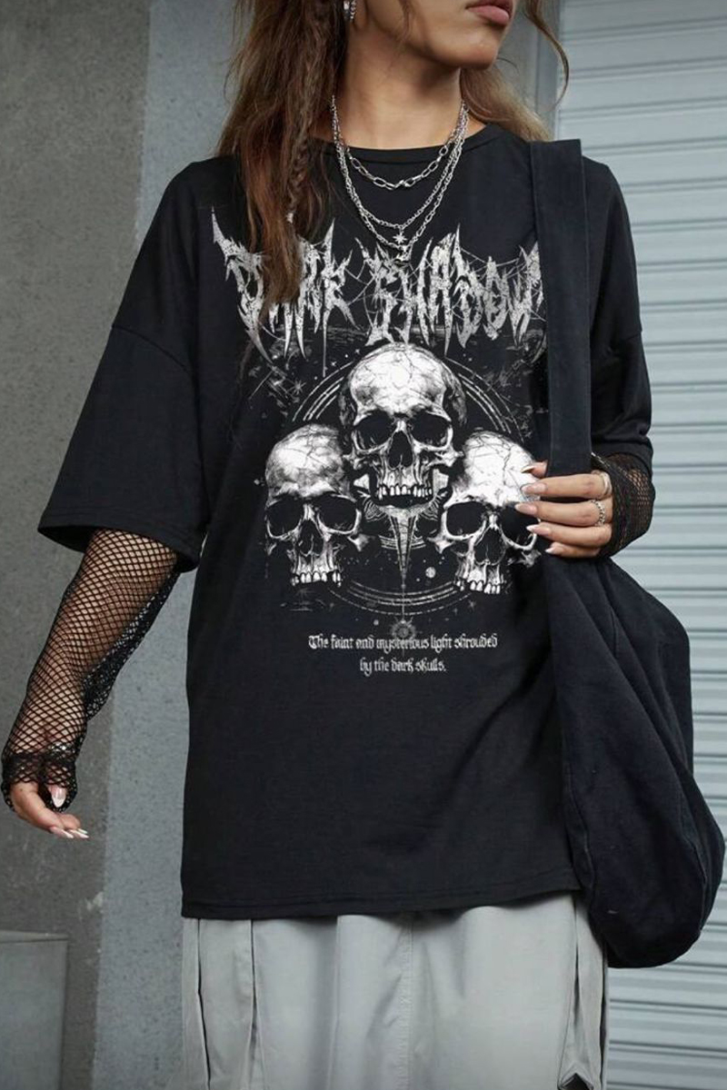 Siyah Dark Shadow Skulls Gotik Y2K Unisex T-Shirt