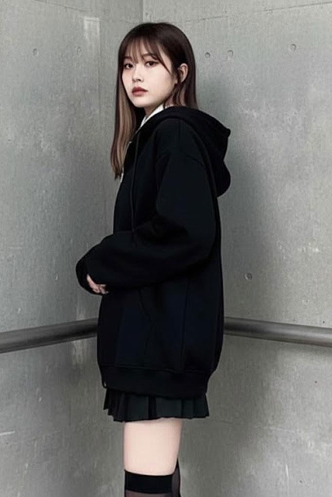 Siyah Düz Oversize Kalın Kapüşonlu Unisex Hırka   