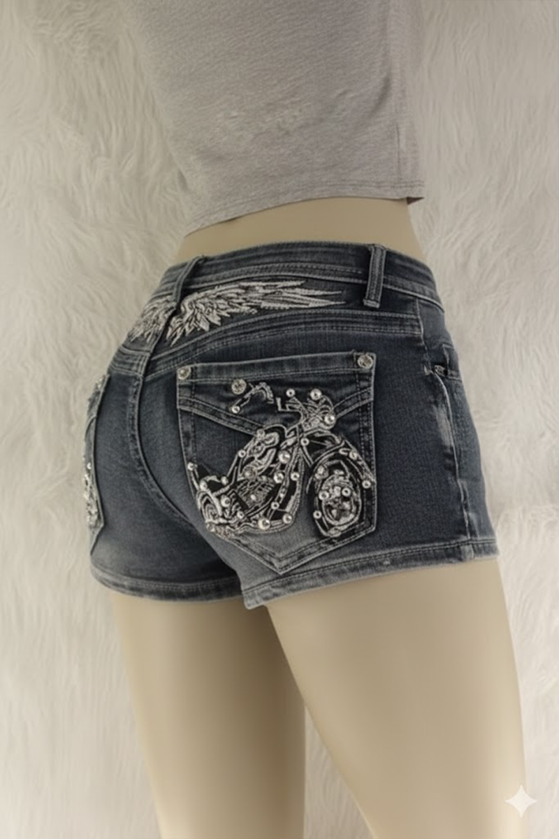 Siyah Eskitme Taşlı Chopper Y2K Kot Mini Şort