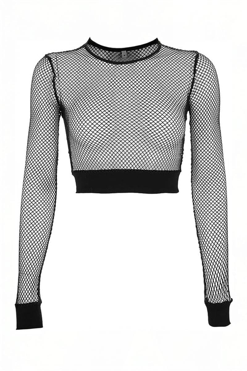 Siyah Fileli Lastik Detaylı Crop Uzun Kollu 