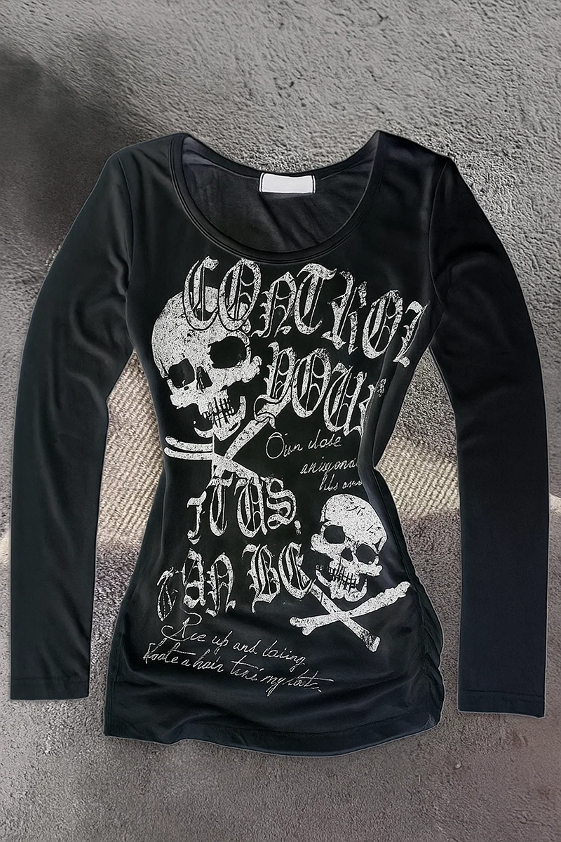 Siyah Gothic Skulls Control Geniş Yaka Y2K Kısa Kollu Crop