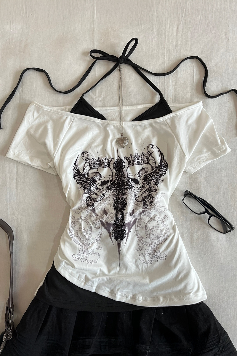 Beyaz Gotik Aesthetic Skulls Cross Ekli Bağlamalı Y2K Kısa Kollu Crop