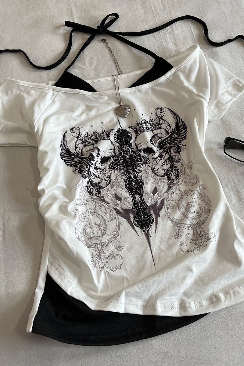 Beyaz Gotik Aesthetic Skulls Cross Ekli Bağlamalı Y2K Kısa Kollu Crop