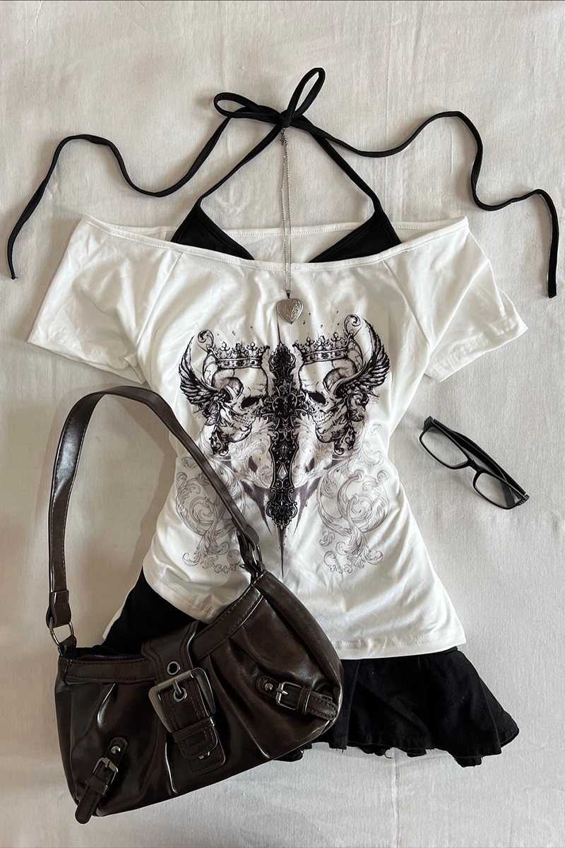 Beyaz Gotik Aesthetic Skulls Cross Ekli Bağlamalı Y2K Kısa Kollu Crop