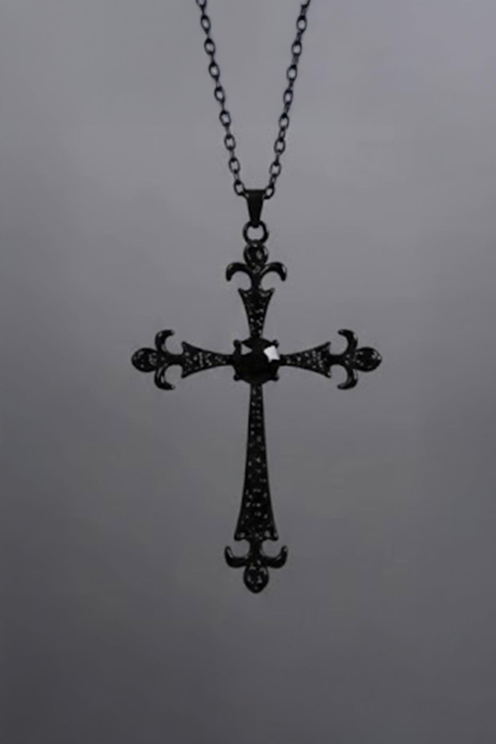 Siyah Gotik Siyah Taşlı Fleur De Lis Haç Kolye