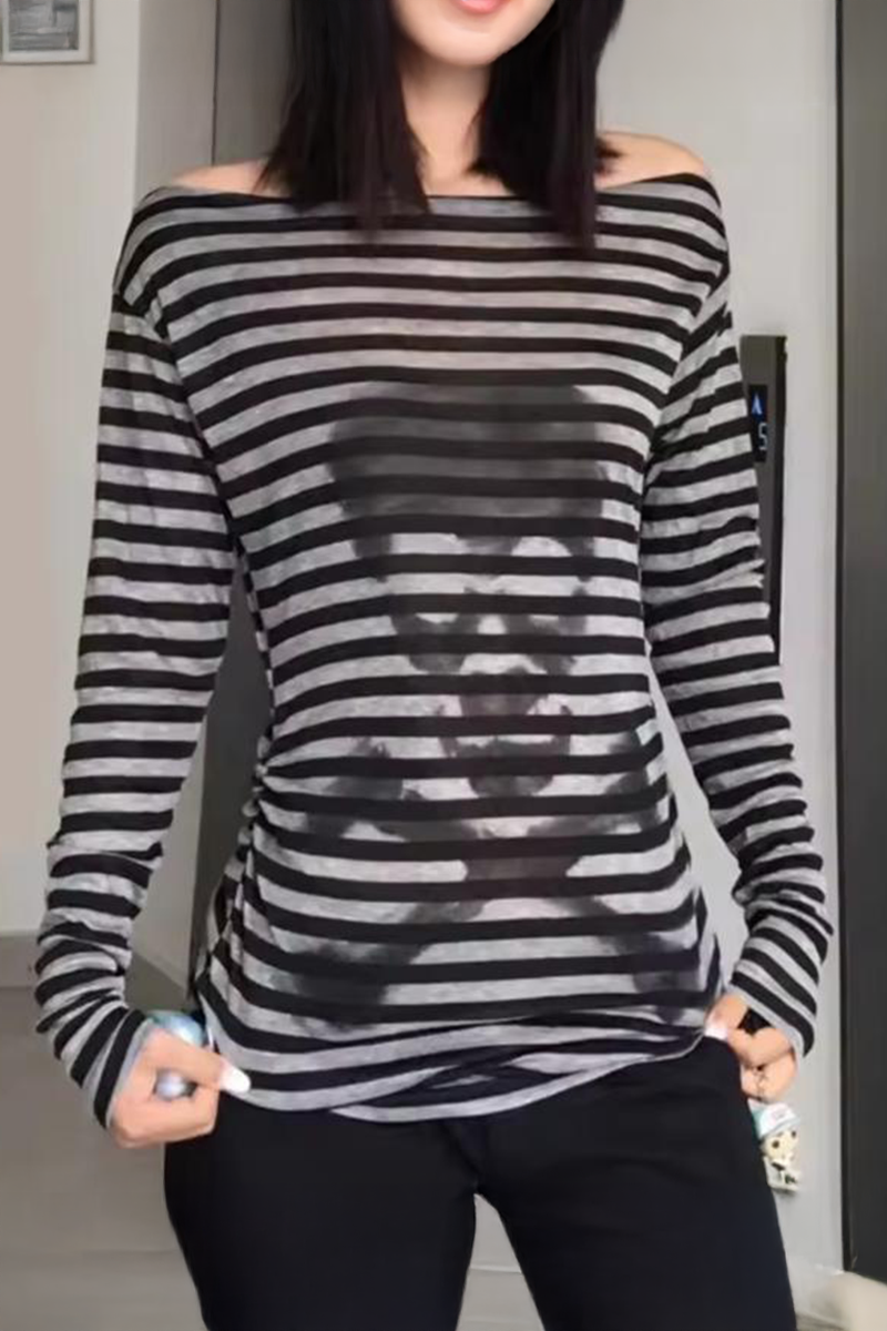 Siyah Gri Çizgili Skull Y2K Uzun Kollu Crop