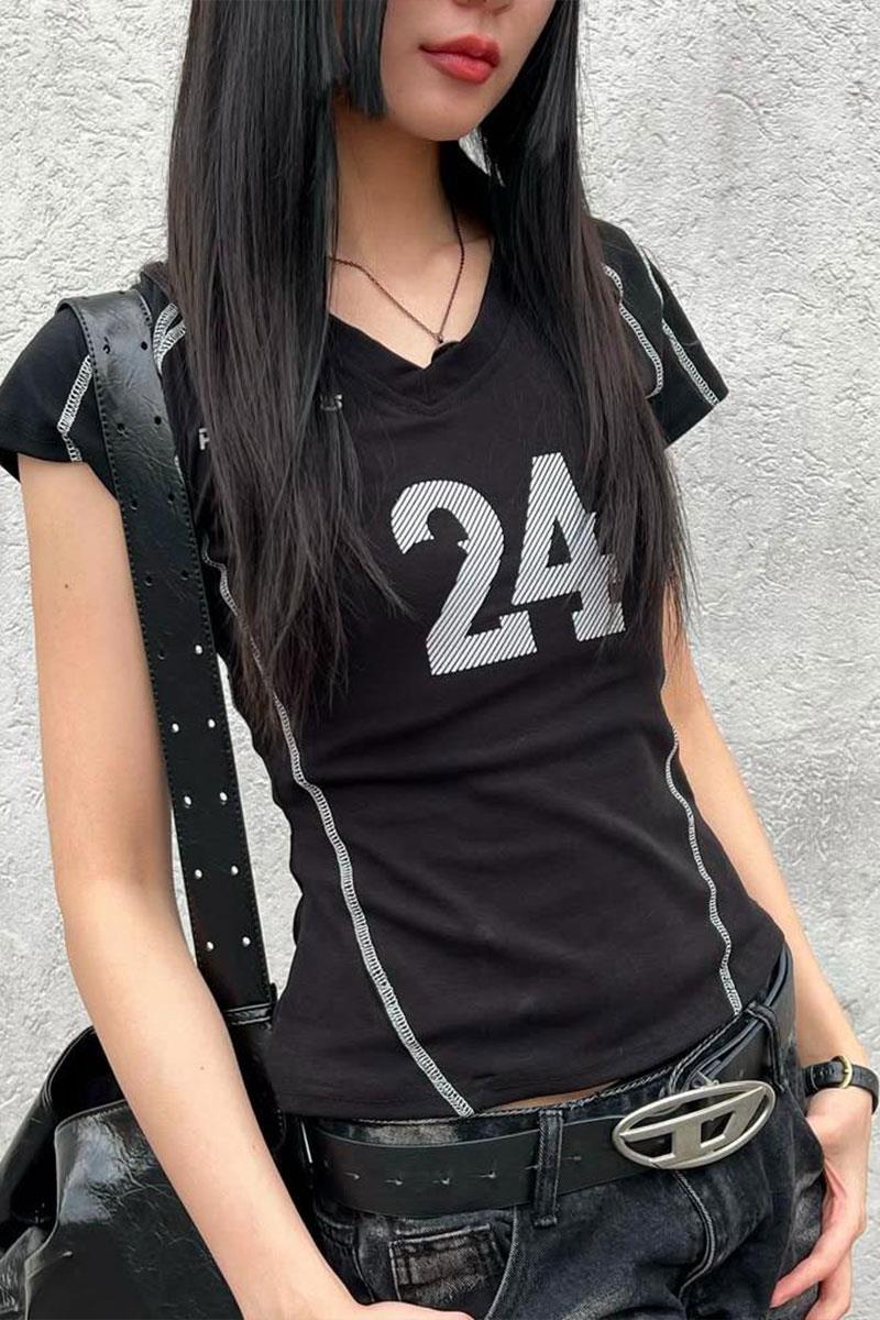 Siyah Harajuku Ters Dikiş 24 Baskılı Gotik Y2K Kısa Kollu Crop