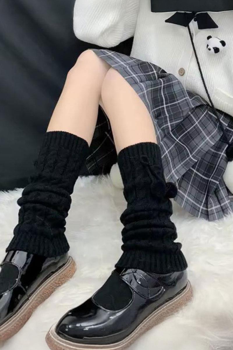 Siyah Kawaii Ponponlu Örgü Tozluk